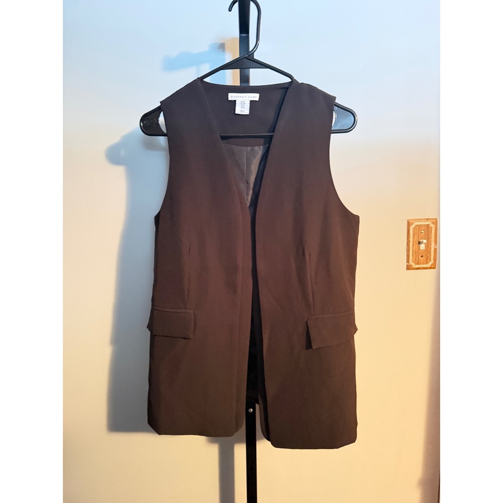 Sincerely Jules Black Open Front Sleeveless Blazer Vest Flap Pocket Womens M